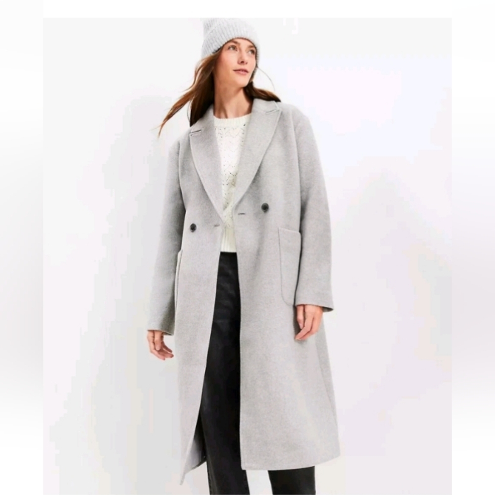 LOFT Double Breasted LIGHT GRAY TWILL PATCH POCKET COAT SZ Xl